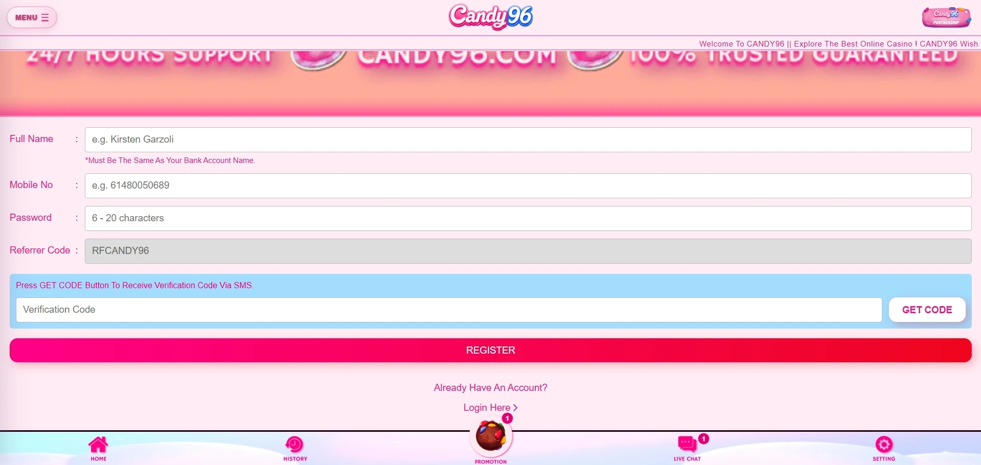 Candy96 Casino sign up